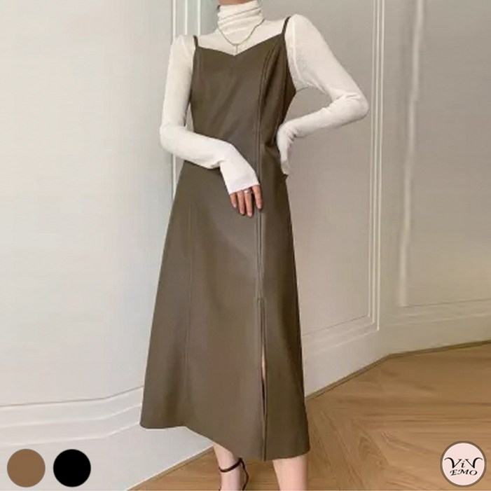 비비에모 가을 겨울 레더 슬릿 뷔스티에 원피스 02043