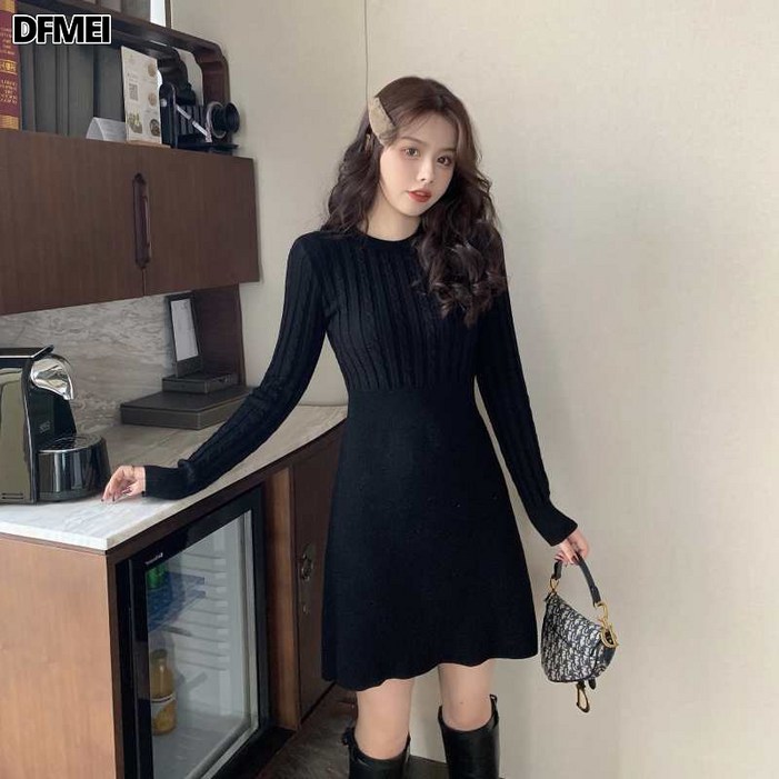 DFMEI 코트 하프 기장 허리 조임 날씬해 보이는 이너 이너 이너 이너 화이트 니트 원피스 자녀