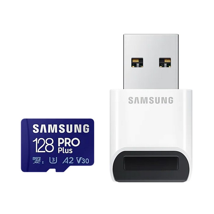 삼성 PRO Plus 마이크로SD 메모리카드 128기가 MicroSDXC 4K UHD Class10 스마트폰 태블릿 카메라 블랙박스 USB 리더기 포함, 128GB