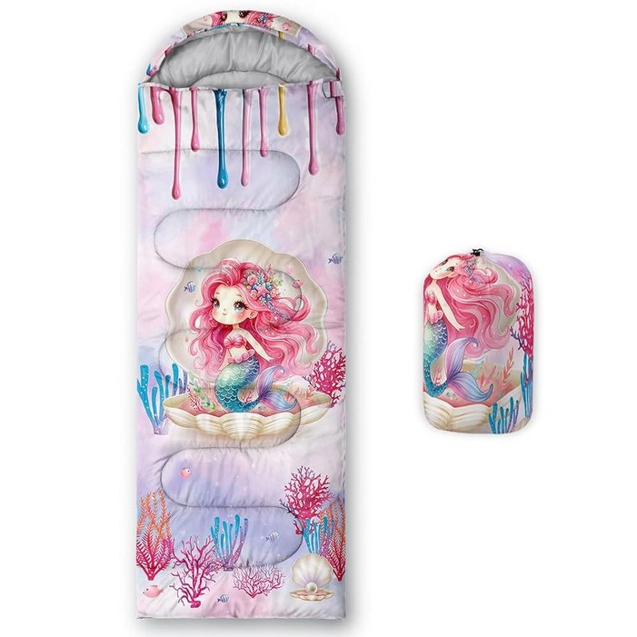 HOSIMA 만화 유니콘 침낭 유아 어린이 여아용 퍼플 플라워 나비 캠핑 침낭 방수 초경량