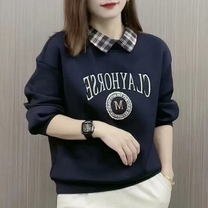 ROYALBELLE 여성 카라넥 레이어드 루즈핏 프린트 레터링 긴팔 캐주얼 맨투맨 티셔츠 D00802611