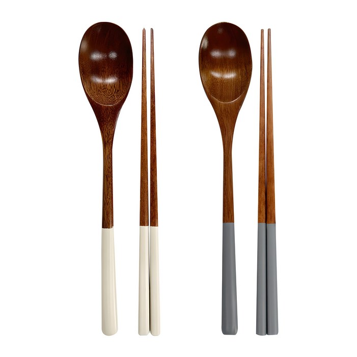 키볼리 한식 파스텔 옻칠 나무 수저 2인 세트, 크림  그레이, 숟가락 2종  젓가락 2종, 1개