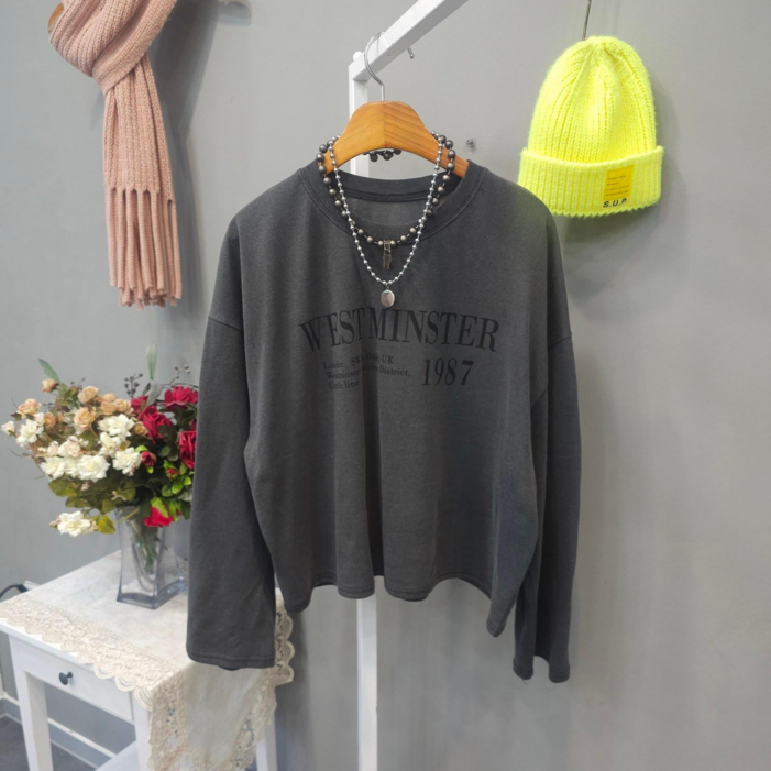 여성용 웨스트 피그먼트 루즈핏 크롭 라운드넥 면 긴팔티