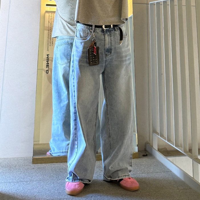 쿠마르 남성 워싱 와이드 청바지 데님 팬츠