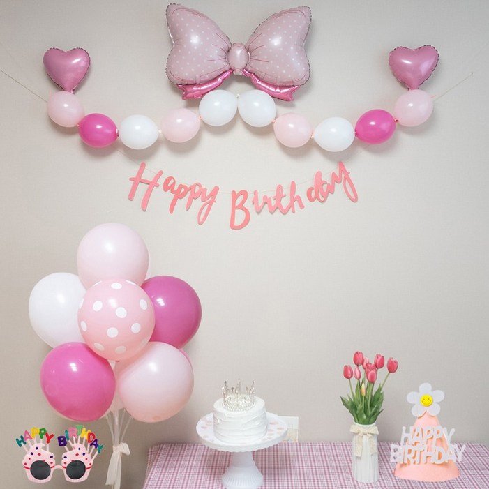 연지마켓 생일풍선 생일파티용품 리본풍선 세트, 핑크 기본 세트