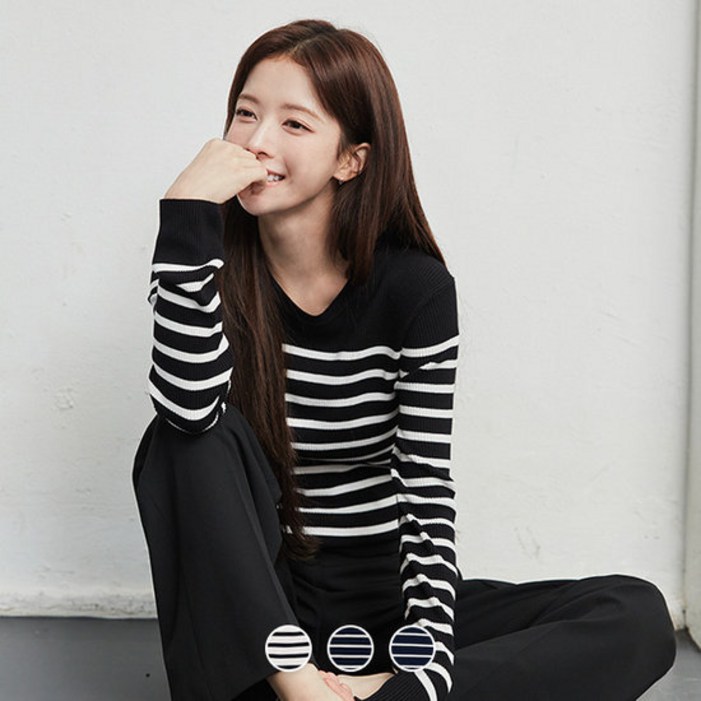 지오다노 355908 노정의 14gg 립 크루넥 스트라이프 긴팔 니트 스웨터 556105