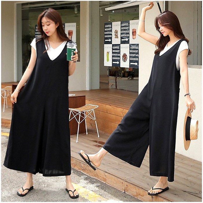 러브포텐 여성 빅사이즈 와이드 점프슈트 블랙컬러 브이넥 냉장고 쿨점프수트 FREE  XL 국내제작 시원한 여름바지 냉장고팬츠