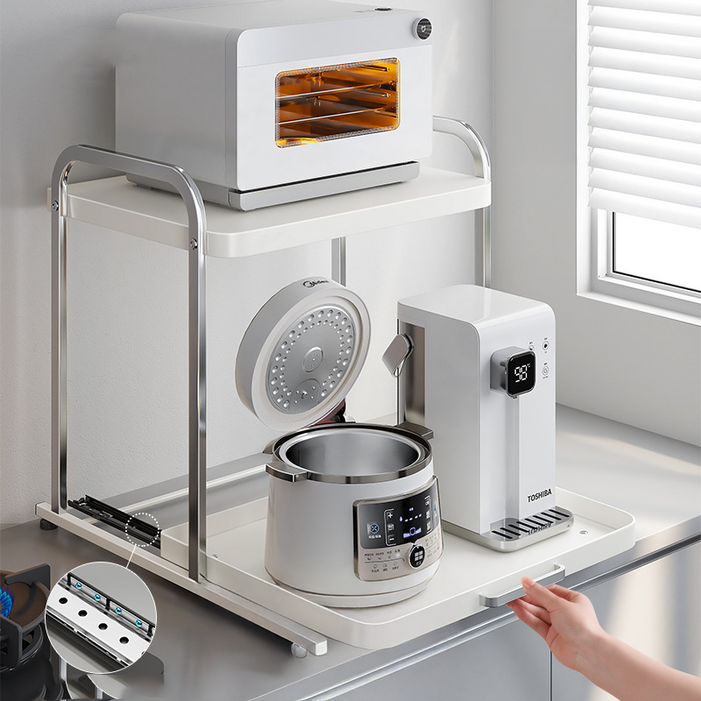 체블스 2단 밥솥 슬라이딩 전자레인지 선반 렌지대 수납장, 2단, 화이트 실버