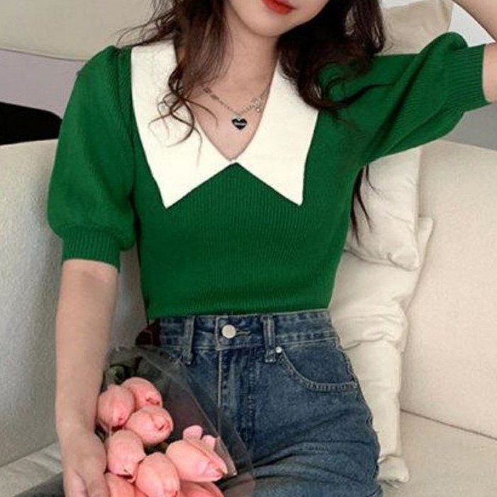 아이엠몽 여성용 파파노 빅카라 퍼프소매 니트 티셔츠