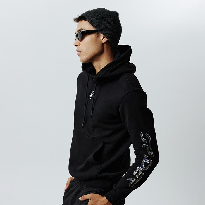 [스파이더 본사] 슬리브 로고 기모 후드 티셔츠 SPIWCNHD302UBLK