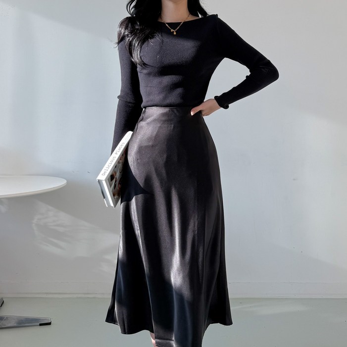 투디 베이직 포멀 세미 머메이드 실크 새틴 롱스커트, 2컬러, S,M