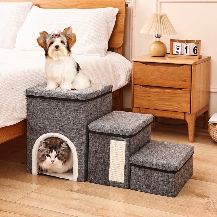 강아지 고양이 계단 3단 4in1 하우스, 접이식 수납 , 스크래처 , 높이조절 , 최대 20kg