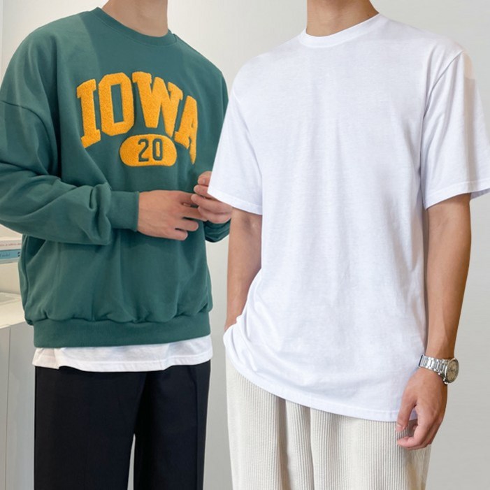 비켄드스튜디오 2P 프리미엄 무지 오버핏 트임 레이어드 반팔티 1050