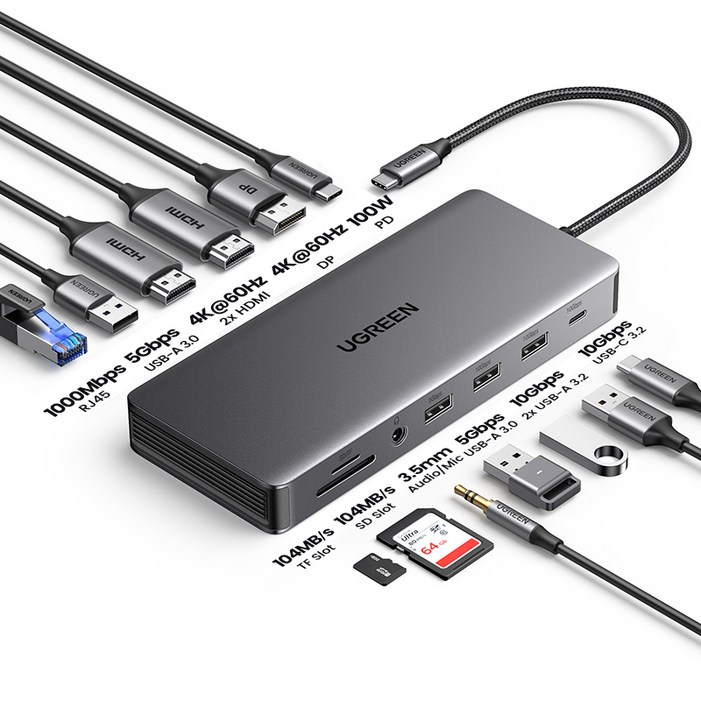 UGREEN 유그린 13in1 USB C타입 멀티 허브 4K 60Hz 트리플 디스플레이 2xHDMI 1xDP 도킹 스테이션 USB3.2 10Gbps USB허브 HDMI 어댑터, 1개