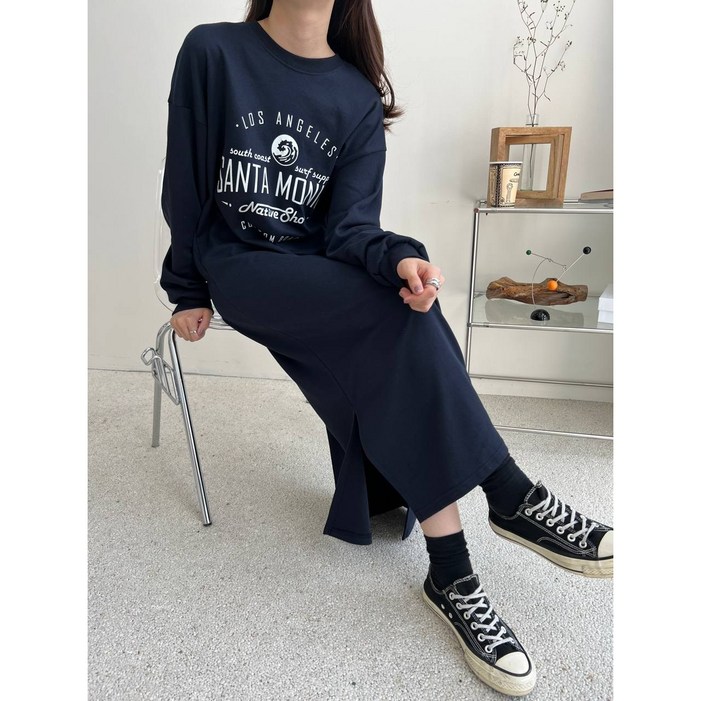 글로리원 여성 산타모니카 레터링 데일리 루즈핏 롱 원피스