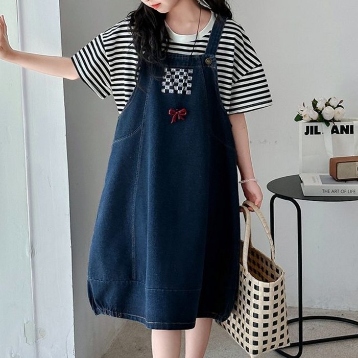 해피유통어린이 스트라이프 티셔츠와 멜빵 원피스 세트 캐주얼 패션14세 이상 XG03