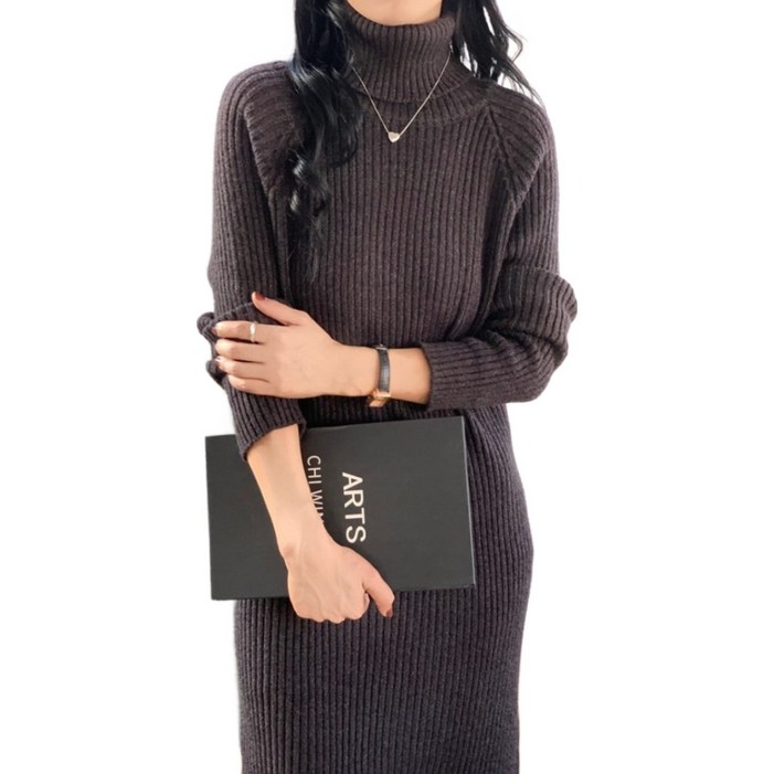 여성 폴라 골지 니트 원피스 롱 원피스, 레글런핏 데일리 겨울 원피스