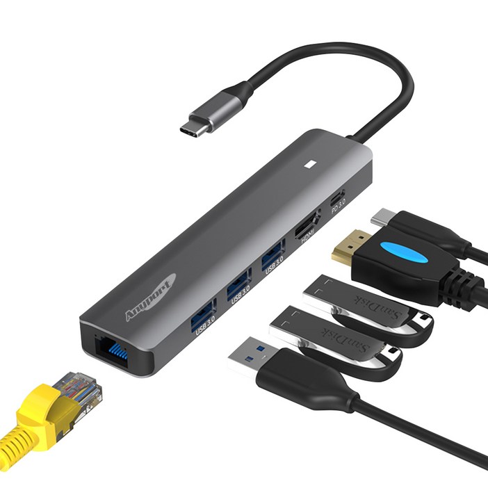 애니포트 6포트 C타입 맥북 PD 충전 삼성 덱스 연결 멀티포트 USB 허브 APTC61PUL, 혼합색상, 1개 애니포트 6포트 C타입 맥북 PD 충전 삼성 덱스 연결 멀티포트 USB 허브 APTC61PUL, 혼합색상, 1개