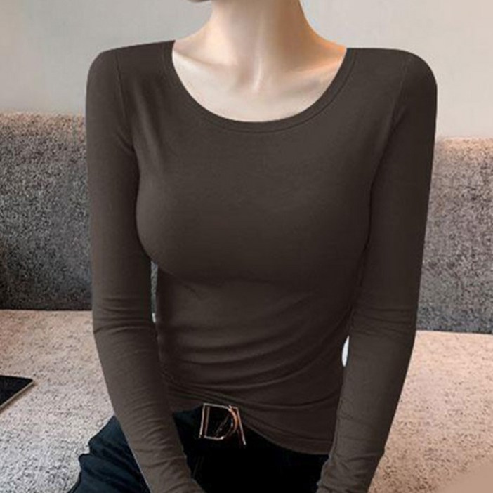 구디프 여성용 U넥 슬림핏 긴팔 데일리 기본 티셔츠