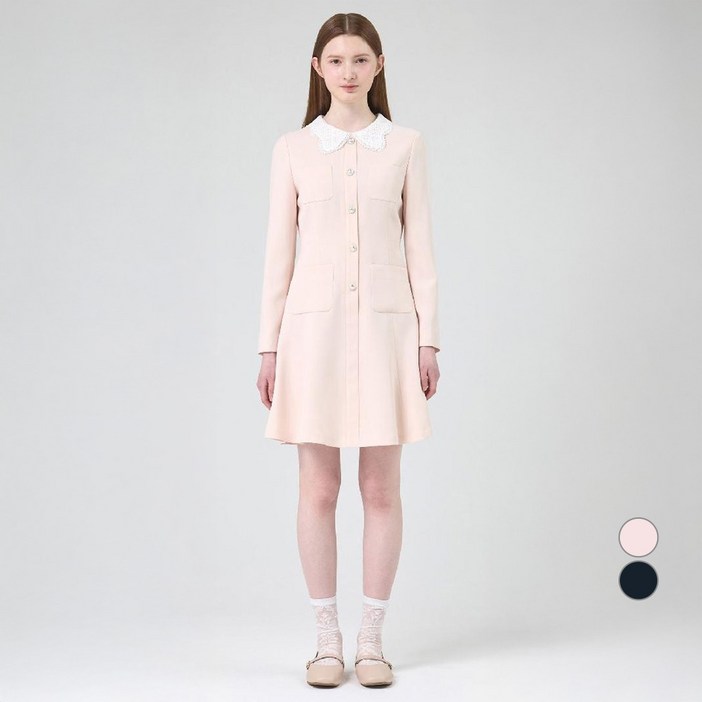 케네스레이디 여성용 레이스 카라 포켓 플레어 원피스