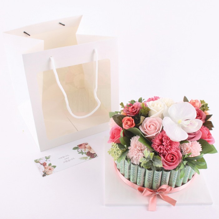 모리앤 비누꽃 플라워 용돈케이크 대, 핑크, 1개