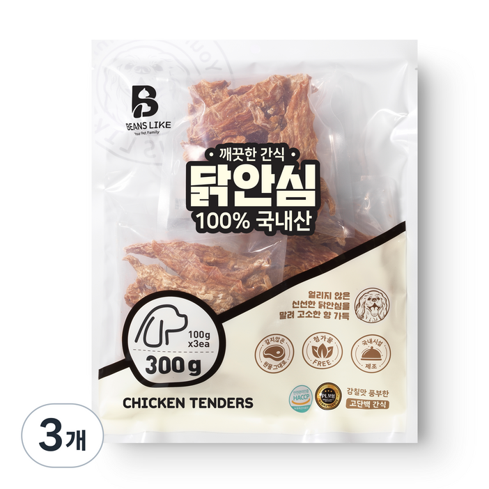 빈즈라이크 닭안심 강아지 간식, 닭 안심, 300g, 3개