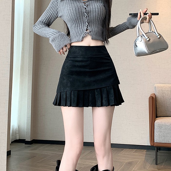 메이첼 루나 인조가죽 플리츠 A라인 미니 스커트 12167