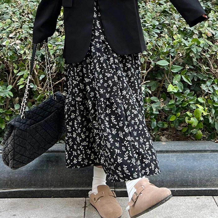 구디프 여성용 플라워 A라인 하늘하늘 데일리 빈티지 롱스커트