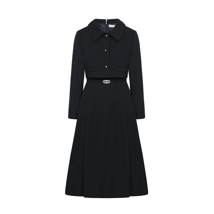 라인어디션 카라 벨티드 플레어 원피스