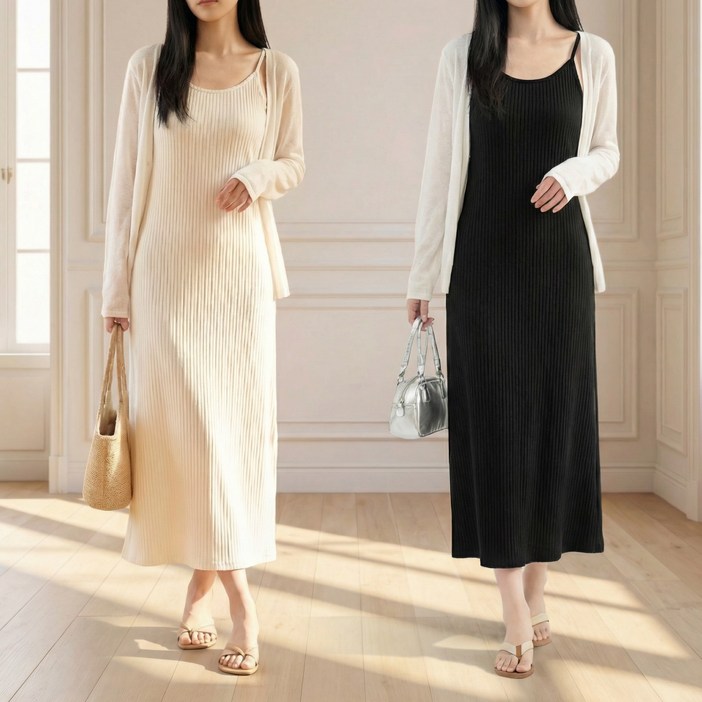 비엠에스 구김없는 플리츠 롱원피스 끈 나시 원피스