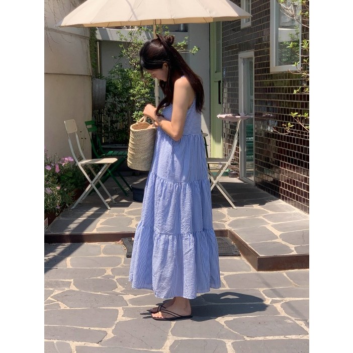 루어스룸 포레스트 여름 스트라이프 단가라 시어서커 지지미 스퀘어넥 휴양지 캉캉 플레어 뷔스티에 코튼 여름 드레스 롱 원피스블루