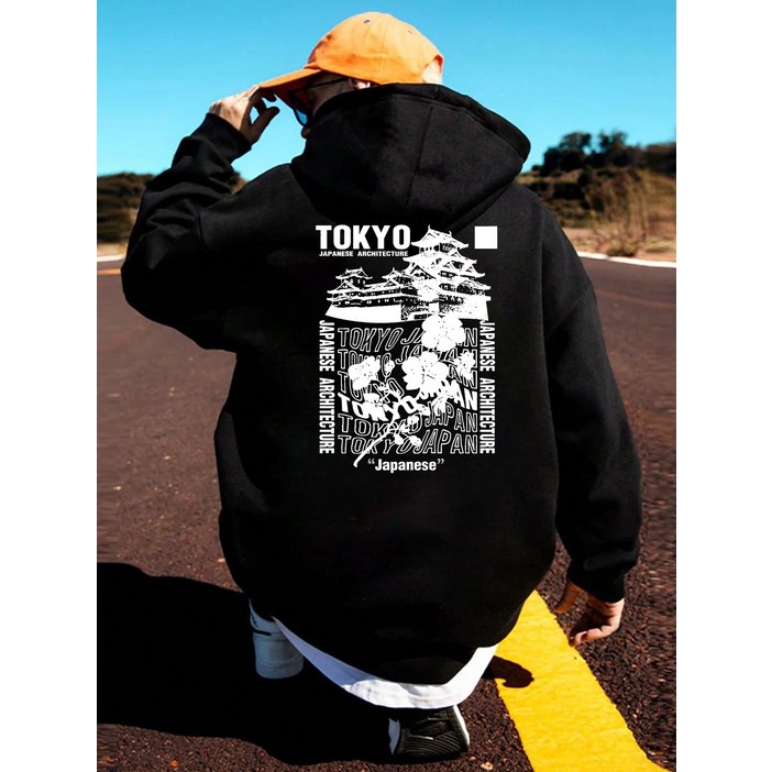 남성용 일본 도쿄 건축 후드티 - 블랙 풀오버 스웨트셔츠, 스트리트웨어 & 일본 문화 팬을 위한 루즈핏 후디, 프론트 포켓