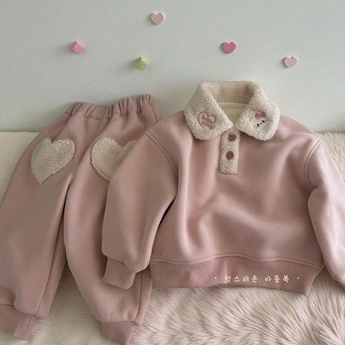 해피팡팡  아동 여아 겨울 기모상하복 뽀글 카라티셔츠  긴바지   베이비러브 코지 기모세트140  뽀글카라상하복  여아 아동 키즈 유아 기모 상하복세트 겨울 외출복 등원복