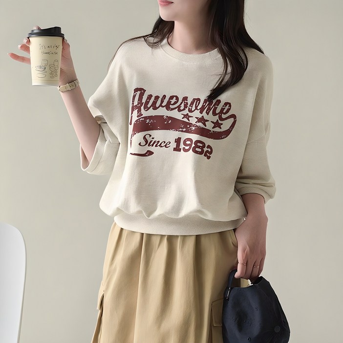 데일리앤 니노 여성 빈티지 레터링 루즈핏 반팔 쭈리 맨투맨 티셔츠 봄 가을