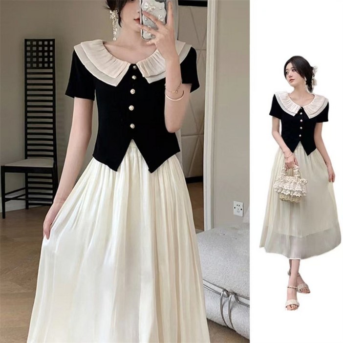 AOKADA  여성 카라 반팔 티셔츠 A라인 스커트 투피스 세트 여름 하객룩 오피스 셋업