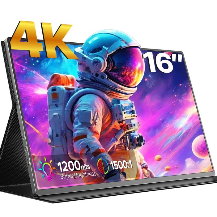 에비크 포터블 모니터 4K UHD 16인치 DEX 1200nit 고휘도 HDR 휴대용 모니터, 블랙-노터치, 40.64cm