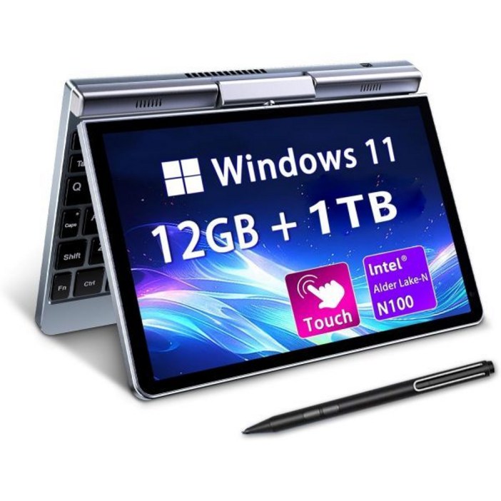 8인치 미니 노트북 2-in-1 노트북 태블릿 소형 노트북 컴퓨터 HD 터치스크린 포켓 PC Windows 11 Pro 인텔 N100 4코어 12GB LPDDR5 RAM 1TB