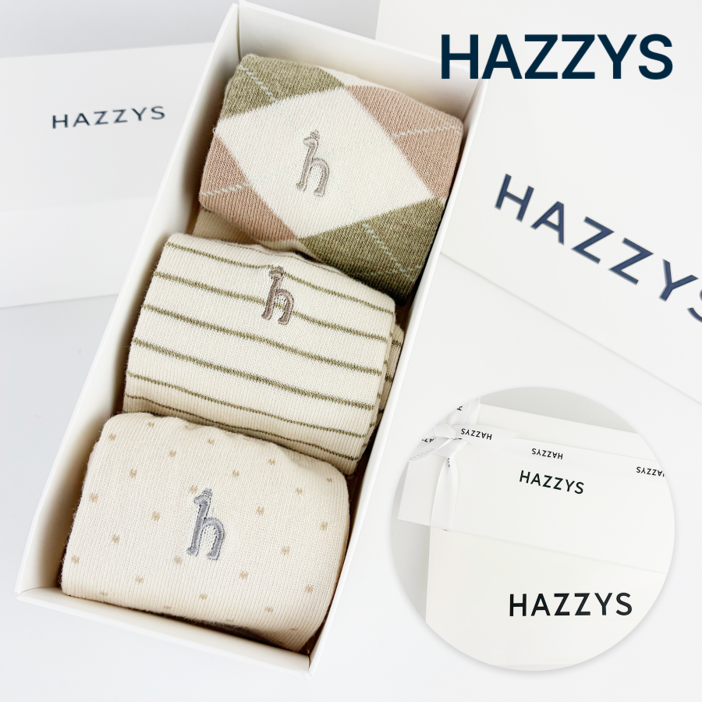 정품 헤지스 여성 양말 아이보리 패턴 중목 3종 세트 선물포장 쇼핑백