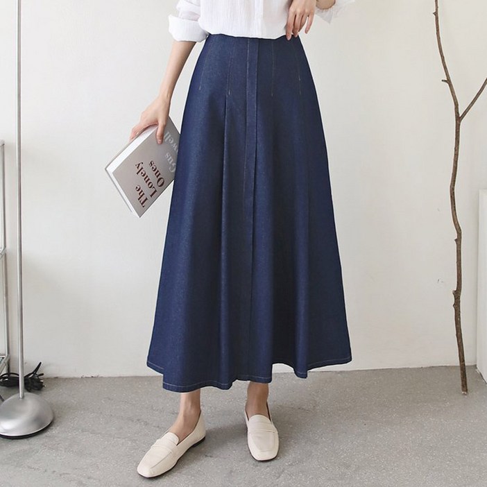 하나뿐인걸 핀턱 롱 스커트 데님 A라인 롱 프릴 청 치마 셔링 후레아 주름