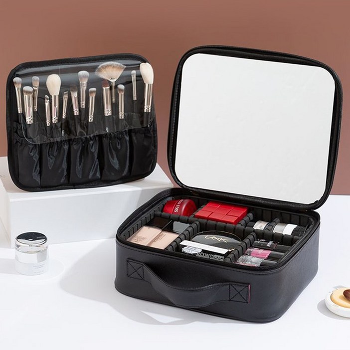 여행용 거울 화장품 파우치 수납가방 메이크업파우치, 블랙