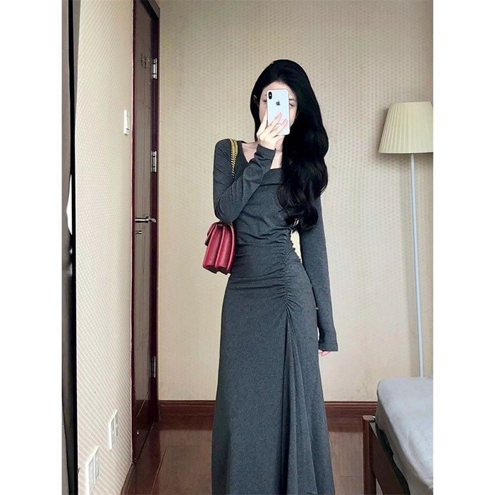 해피유통여성 가을겨울 심플 면 사각네크라인 긴팔 원피스 주름 디자인k01