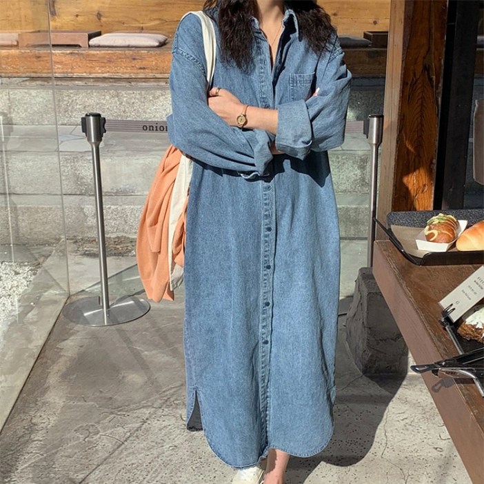 SAHINER 봄가을 여성 데님 셔츠 롱원피스 오버핏 캐주얼 데일리룩 LWBQZ34