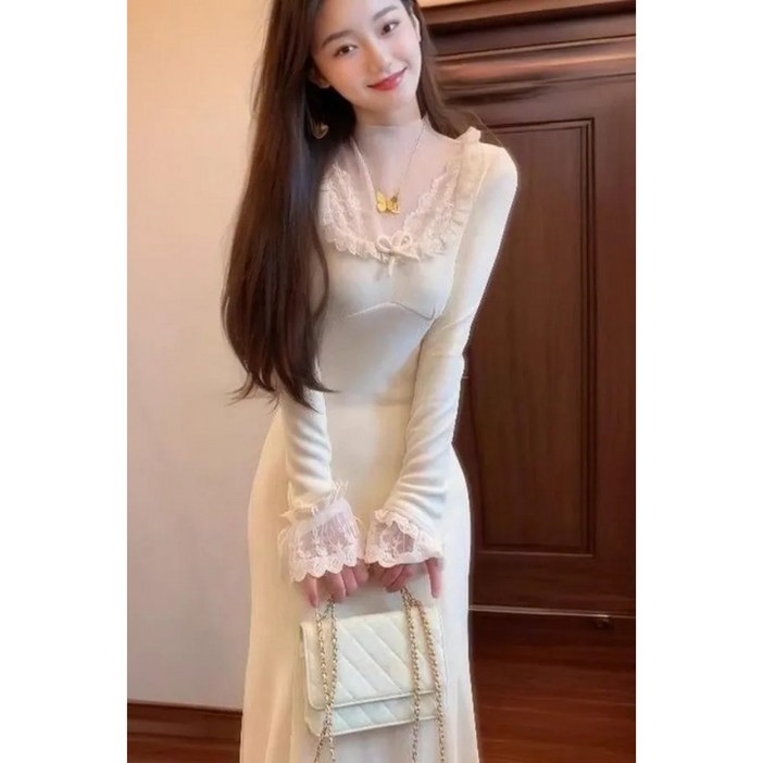 녕동 여성 레이스 니트 원피스 봄가을 A라인 슬림 긴팔 롱원피스