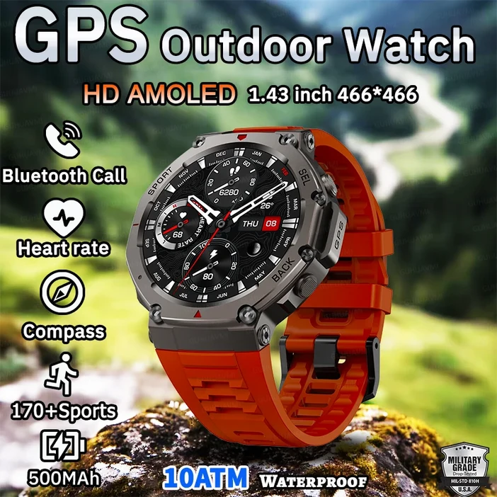 인기 남성 야외 TRex3 군용 내장 GPS SmartWatch 나침반 고도계 10ATM 방수 스포츠 HD 블루투스 통화 시계