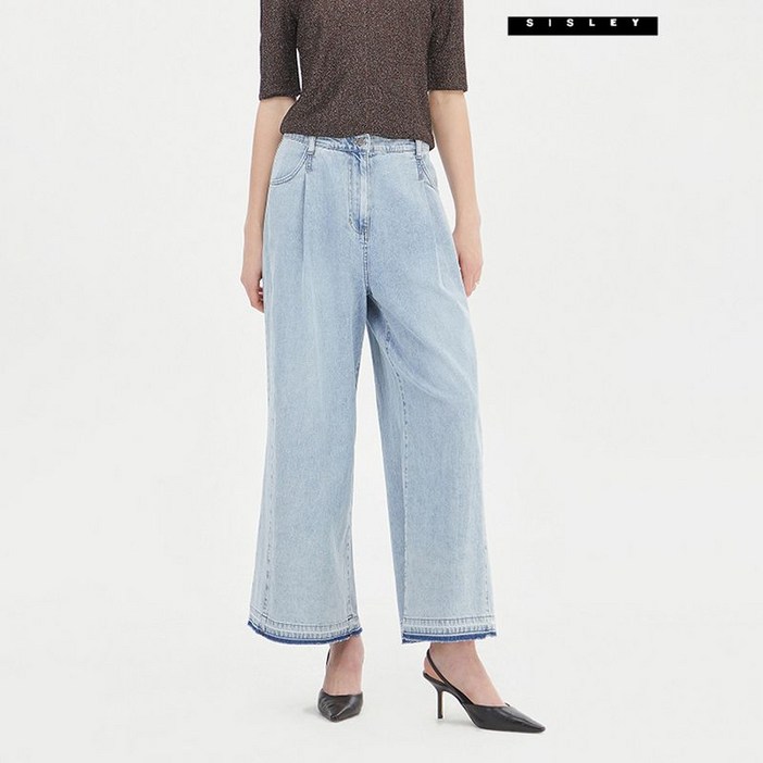 시슬리 밑단 워싱 턱 와이드 데님 팬츠 SADP03341 LB