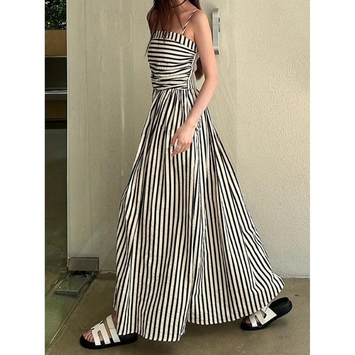 LIPPO 스트라이프 셔링 스트랩 롱 원피스