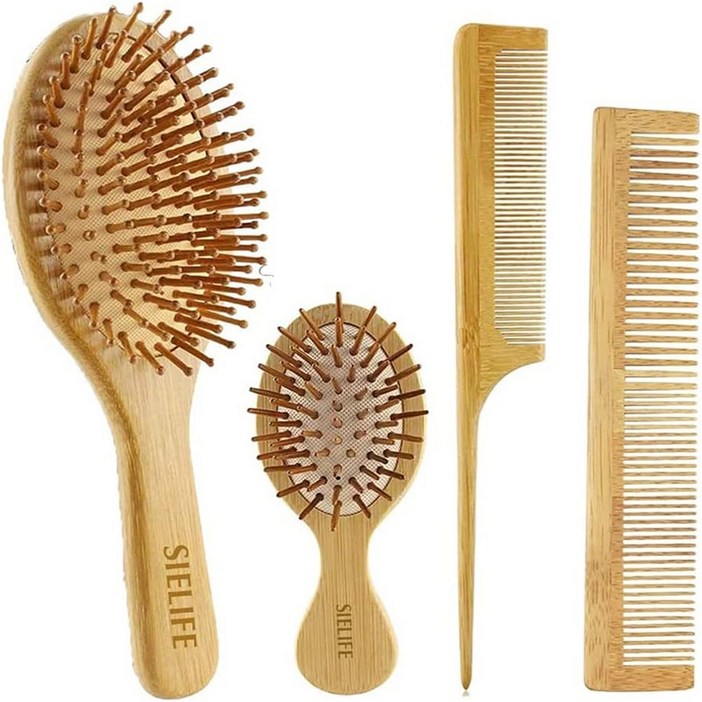 천연 대나무 빗 에어쿠션 패들 브러쉬 뾰족꼬리 세트 정전기방지 두피 케어 빗 긴머리 건습양용 윤곽 마사지 빗 가정용 우드 빗 세트, 4개, 천연 원색