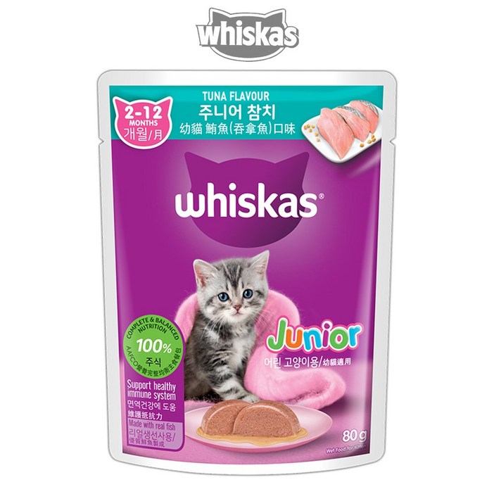 위스카스 파우치 고양이 간식 유통기한 임박, 1개, 80g, 주니어 참치 26.1.26