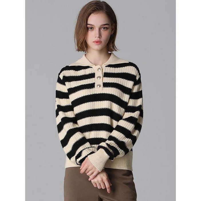 리스트 울 스트라이프 반버튼 카라 니트  택가격 138000원