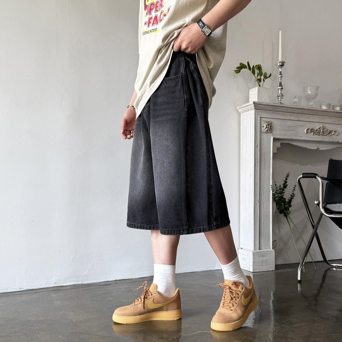 웨일즈 옆 사이드 핀턱 버뮤다 벌룬 와이드 팬츠 데님 청 반바지 3 Color 빅 사이즈 까지